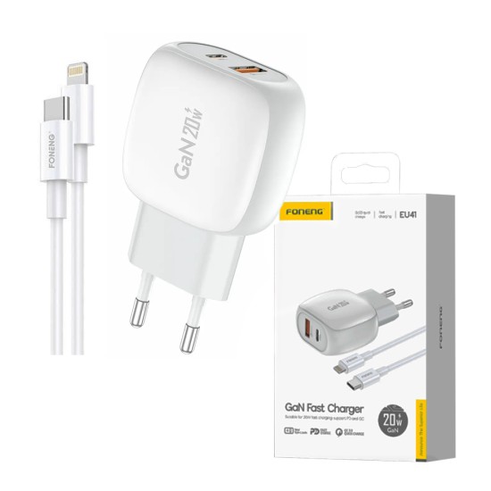 Foneng Charger EU41 Dual Ports (USB A+Type C) PD+QC 20W with Type C to Lightning Cable White Foneng Charger EU41 Dual Ports (USB A+Type C) PD+QC 20W with Type C to Lightning Cable White
